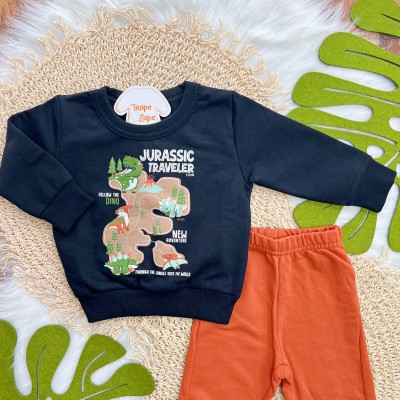Conj. Casaco Jurassic Traveller e Calça de Moletom - Preto e Ferrugem